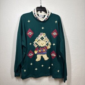 Vintage 90s Act III Teddy Bear Flower Turtleneck Sweatshirt Womens 22W NWT